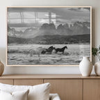 Wild Horses Wall Art | Framed Black White Mountain Canvas