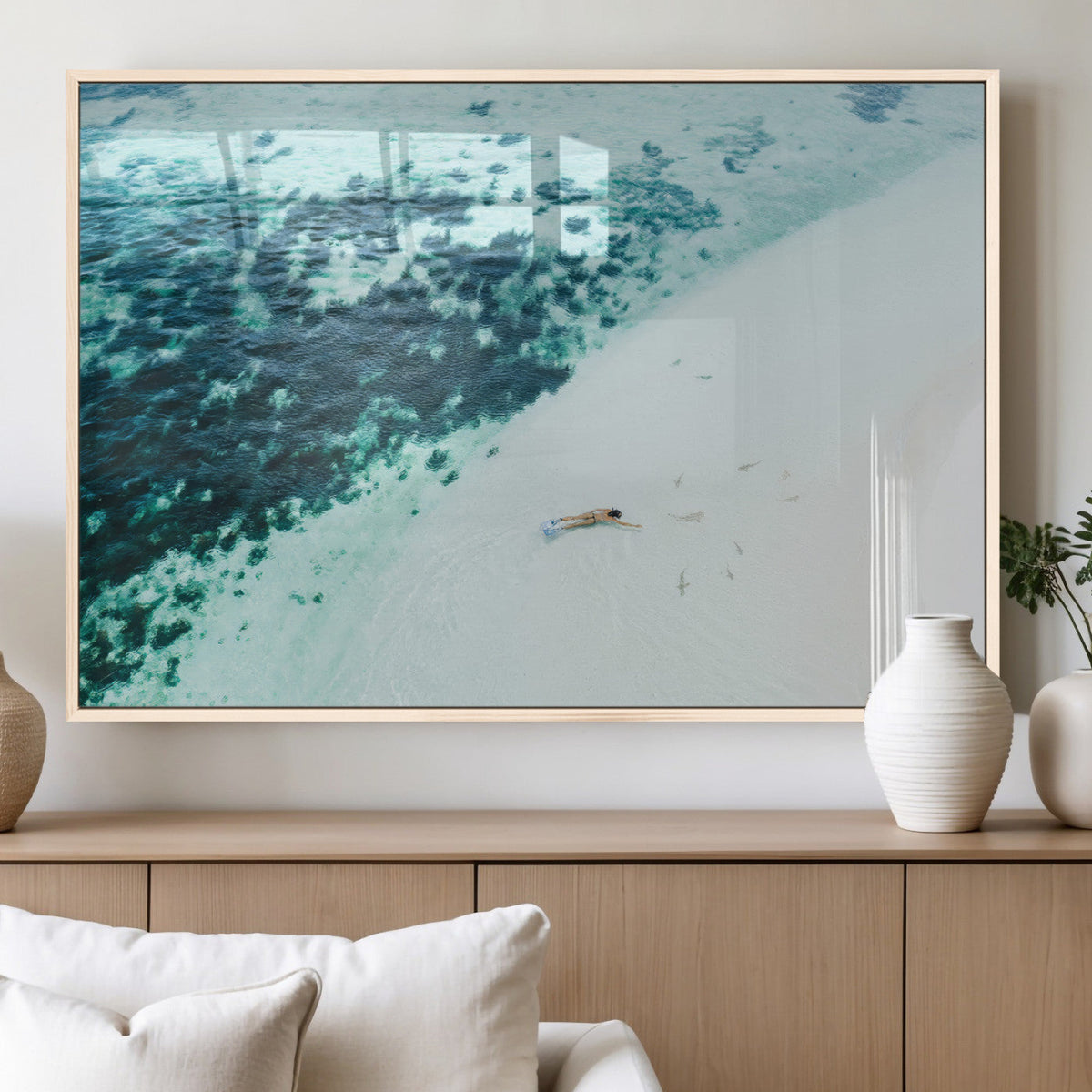 Minimal Beach Wall Art Canvas Print, Framed Ocean Swimming Art, Clear Ocean Decor