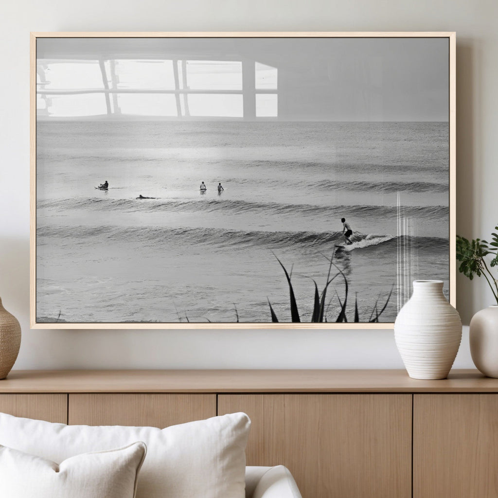 Surfer Silhouette Wall Art, Framed Calm Ocean Monochrome Surf Canvas Print