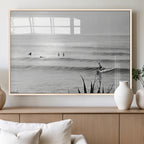 Surfer Silhouette Wall Art, Framed Calm Ocean Monochrome Surf Canvas Print