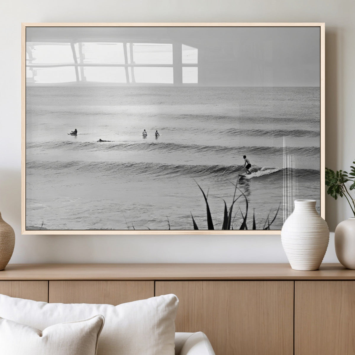 Surfer Silhouette Wall Art, Framed Calm Ocean Monochrome Surf Canvas Print