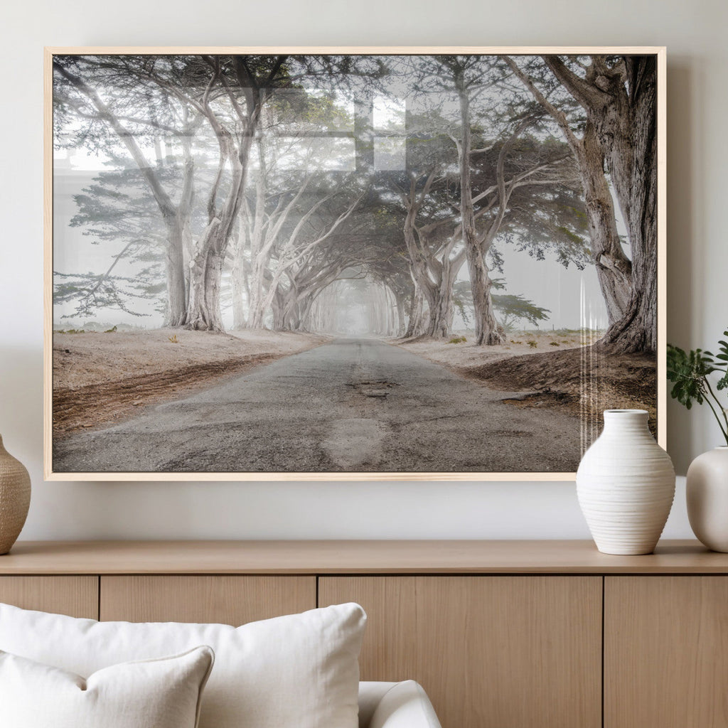 Cypress Tunnel Wall Art | Framed Misty Road Canvas Artwork