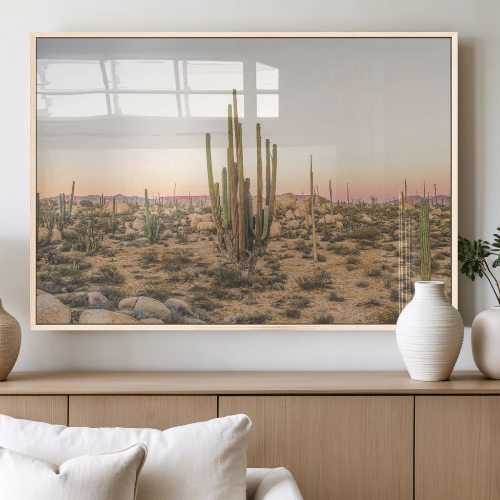 Desert Cactus Wall Art Canvas Print, Framed Baja Desert Art, Pastel Southwestern Decor