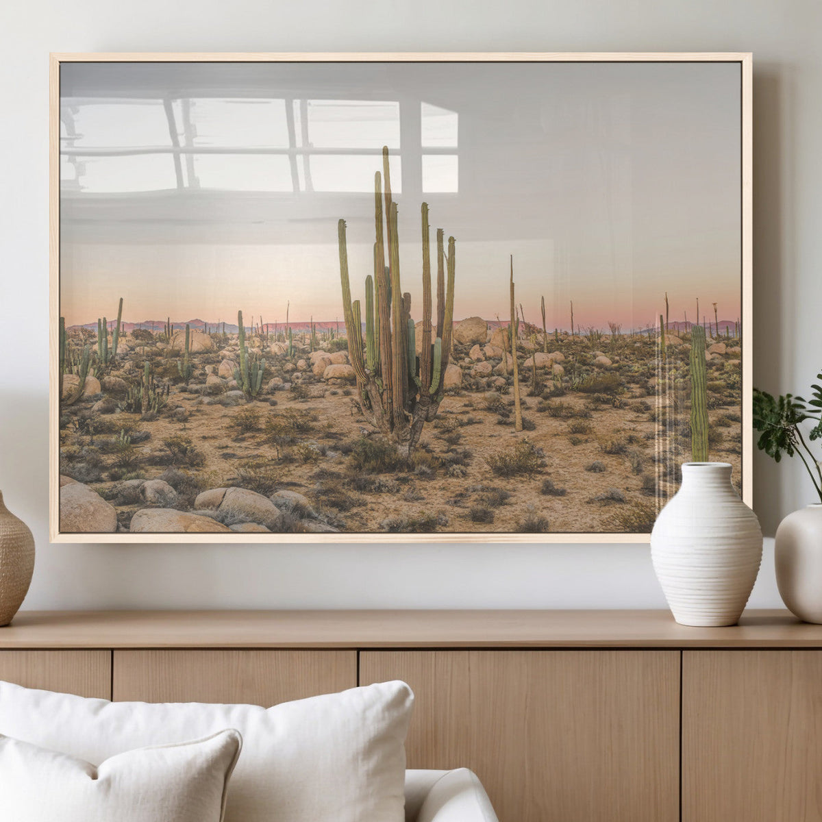 Desert Cactus Wall Art Canvas Print, Framed Baja Desert Art, Pastel Southwestern Decor
