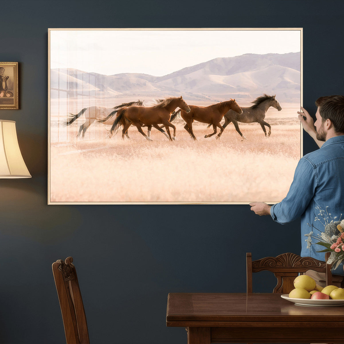 Wild Horse Wall Art Canvas Print, Framed Rustic Western Art, Desert Horse Scene