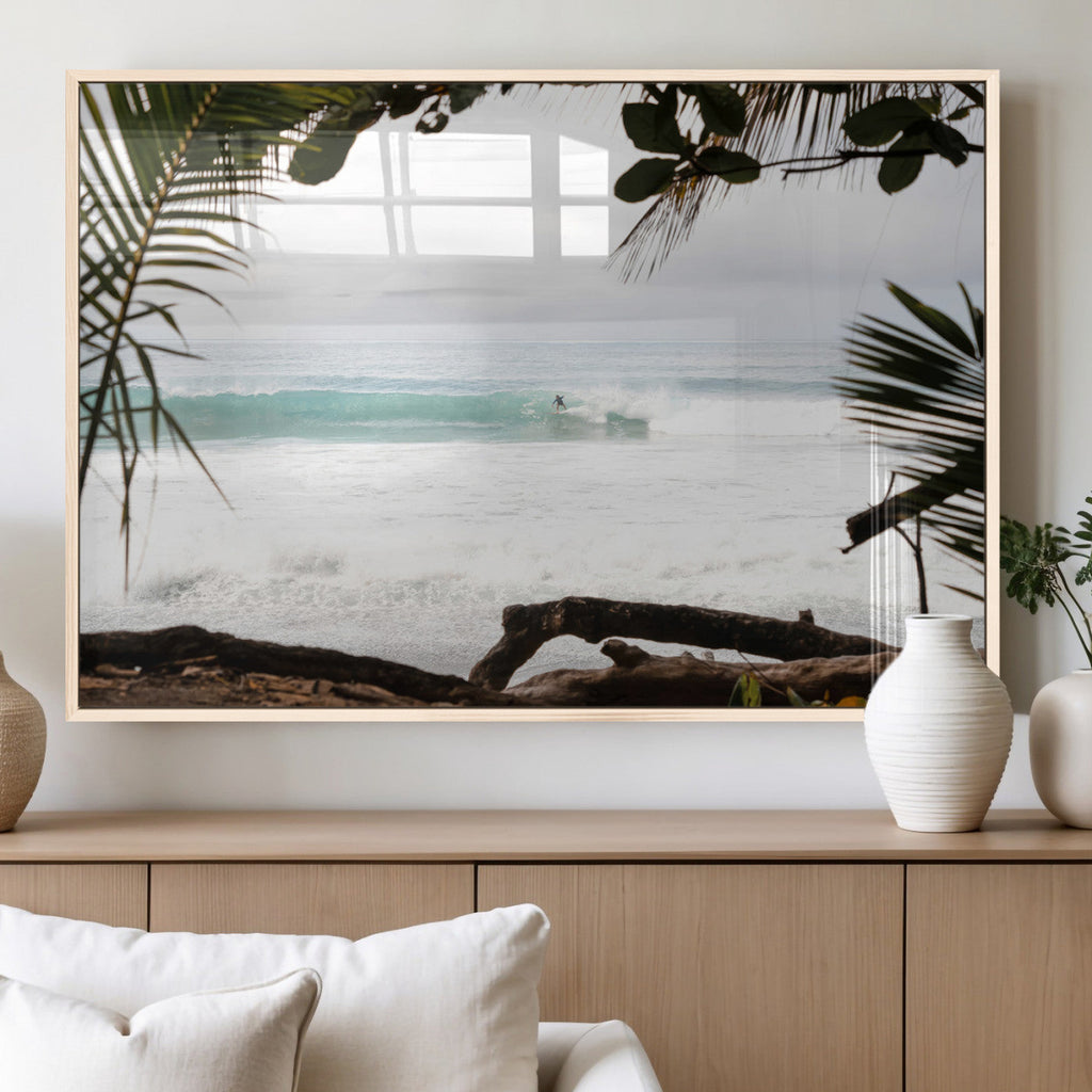 Tropical Surf Wall Art Canvas Print, Framed Palm Tree View Art, Boho Beach House Decor