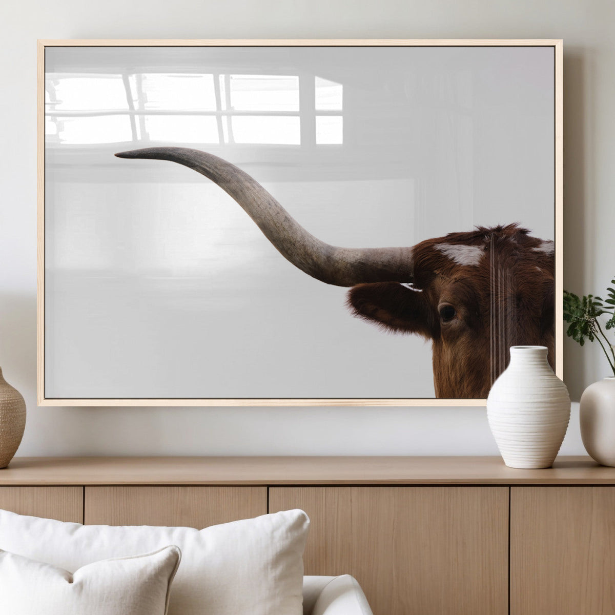 Texas Longhorn Wall Art Canvas Print, Framed Minimalist Cow Art, Ranch Style Decor