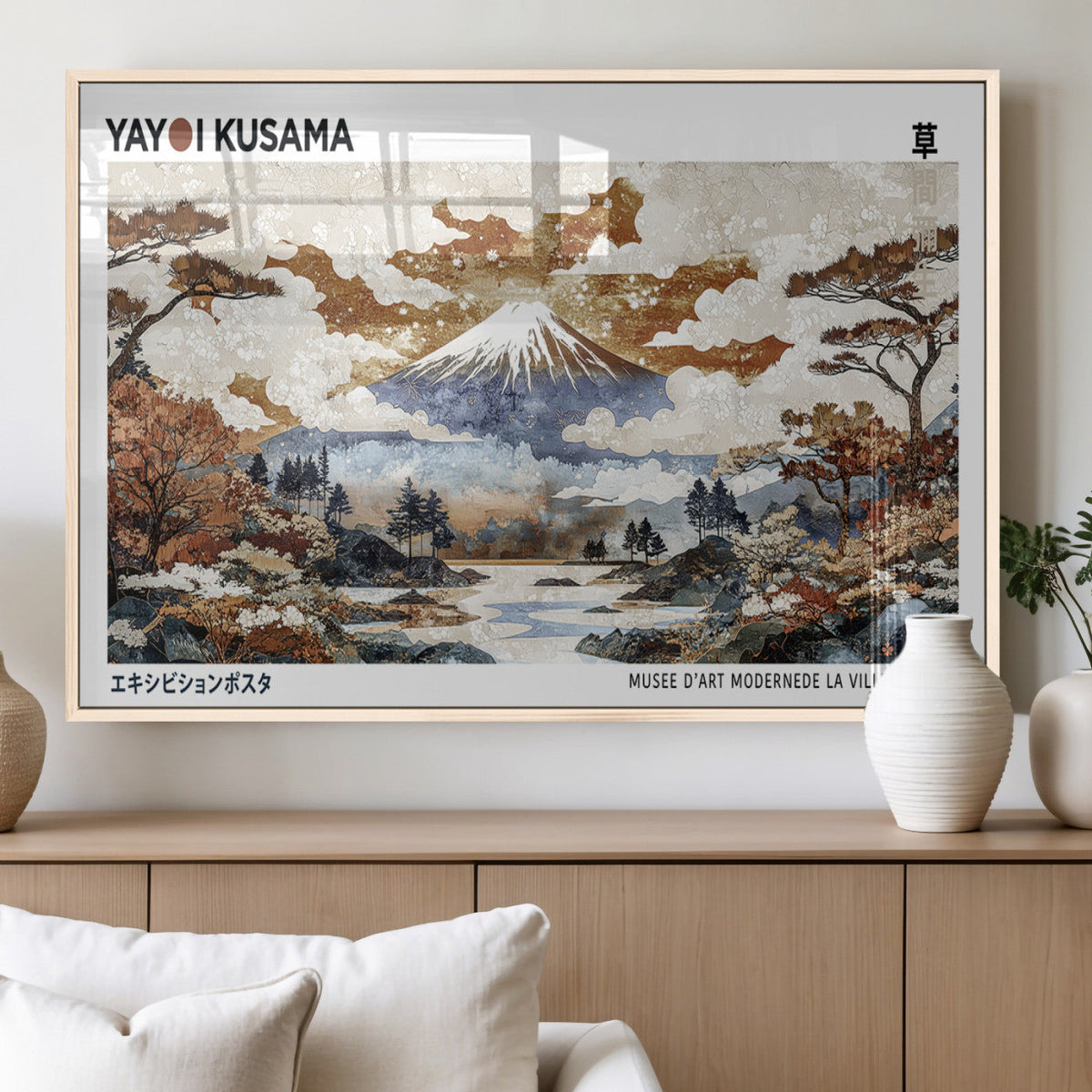 Modern Japanese Wall Art Canvas Print, Framed Abstract Mount Fuji Landscape, Yayoi Kusama Canvas Wall Art