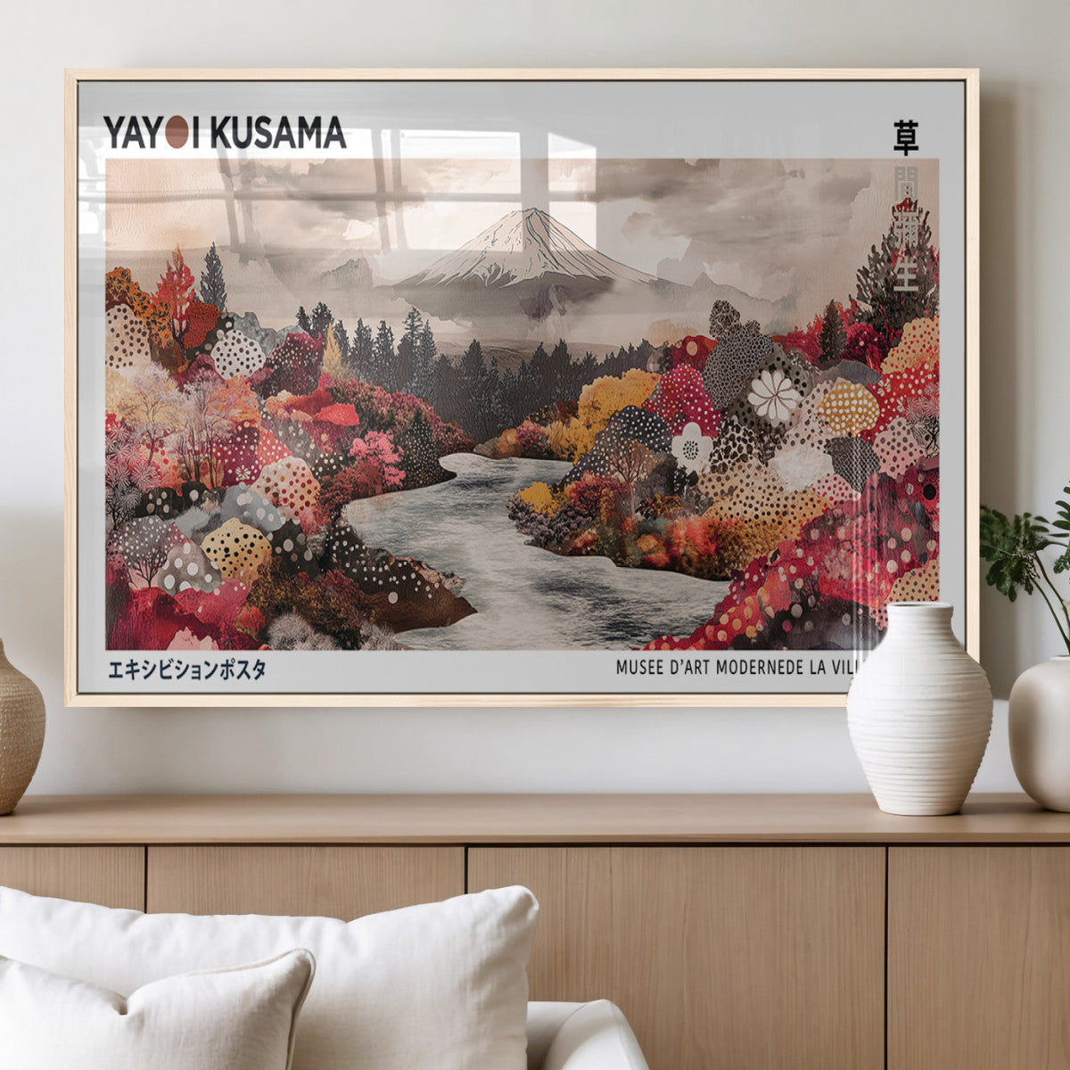Modern Japanese Wall Art Canvas Print, Framed Abstract Mount Fuji Art, Yayoi Kusama Japanese Landscape
