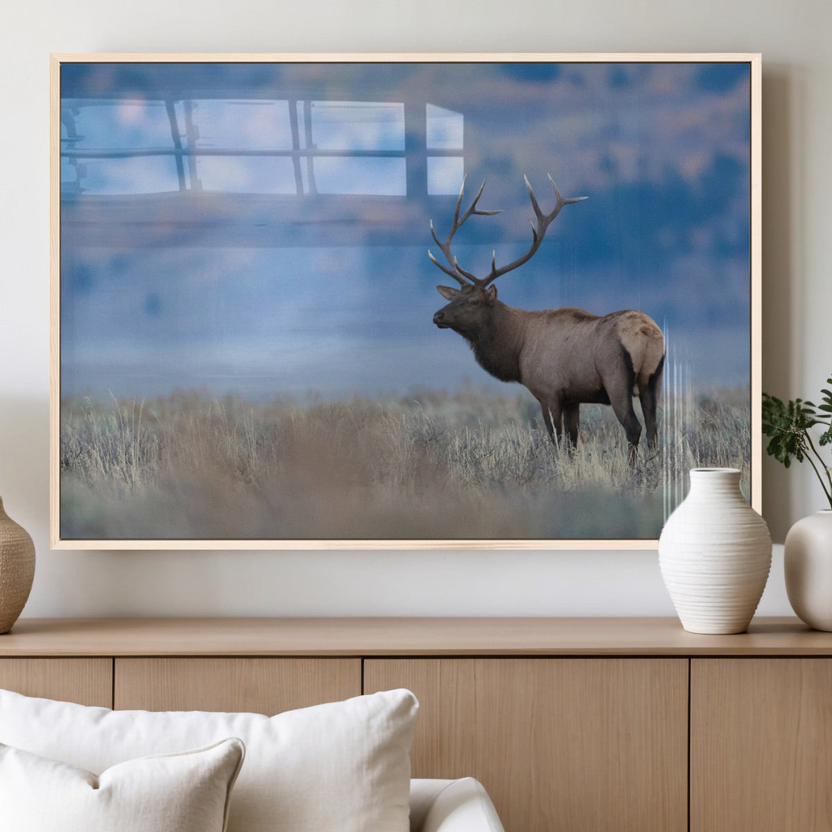 Elk Wall Decor Canvas Print, Framed Rustic Wildlife Art, Mountain Elk Landscape