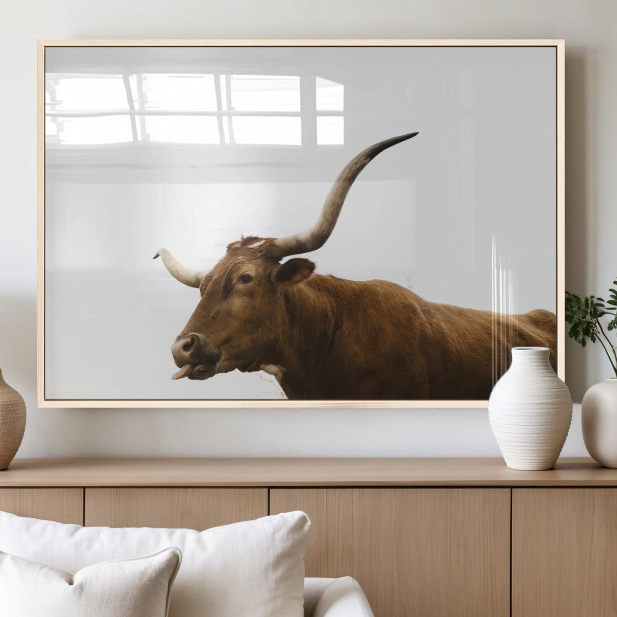 Longhorn Cow Wall Art Canvas Print, Framed Rustic Texas Bull Animal Decor