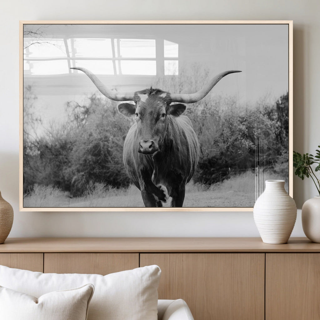 Longhorn Photography Wall Art Canvas Print, Framed Western Cow Texas Ranch Decor