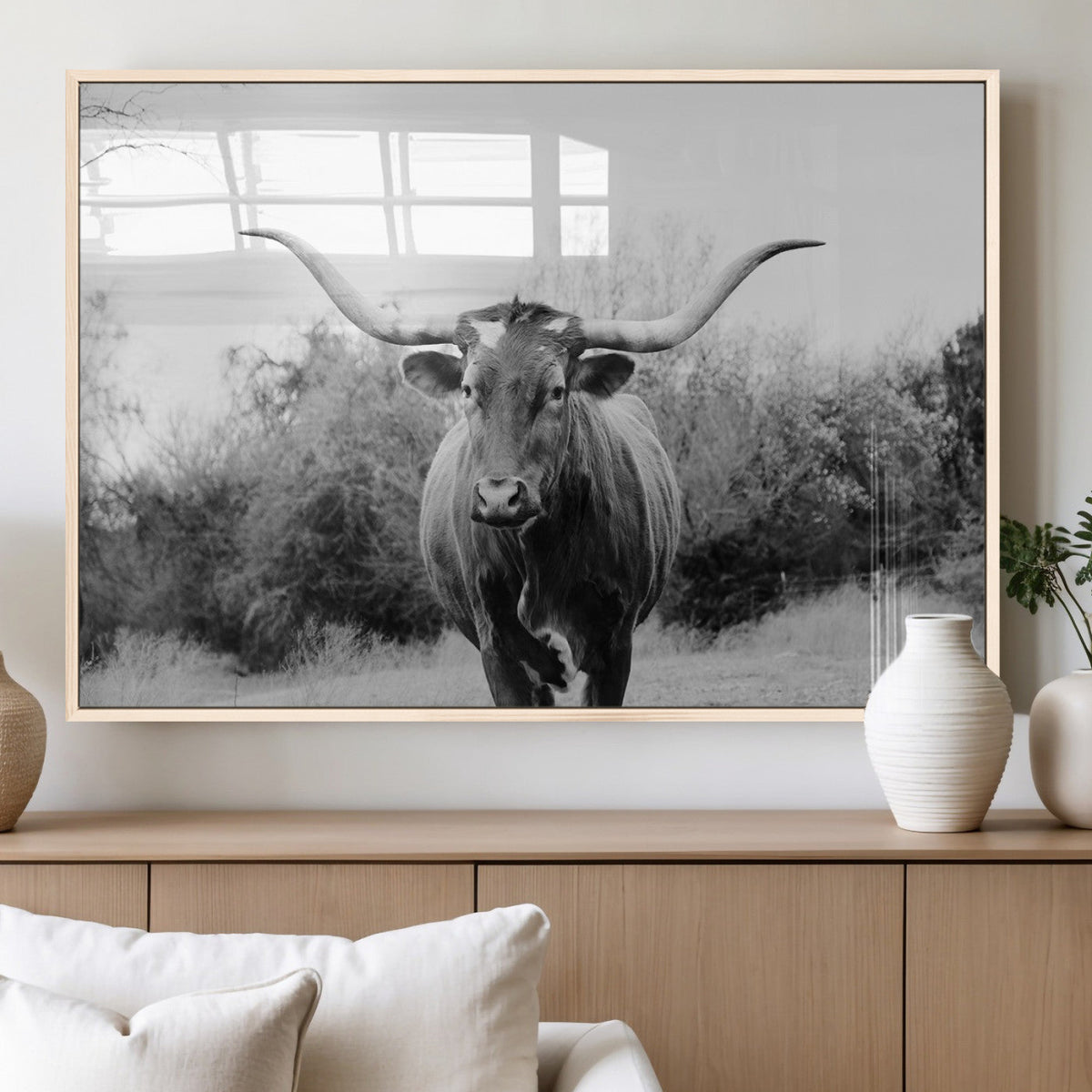 Longhorn Photography Wall Art Canvas Print, Framed Western Cow Texas Ranch Decor