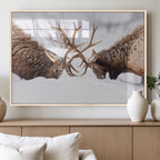 Elk Wall Art Canvas Print, Framed Wildlife Art, Snowy Forest Elk Rustic Lodge Decor