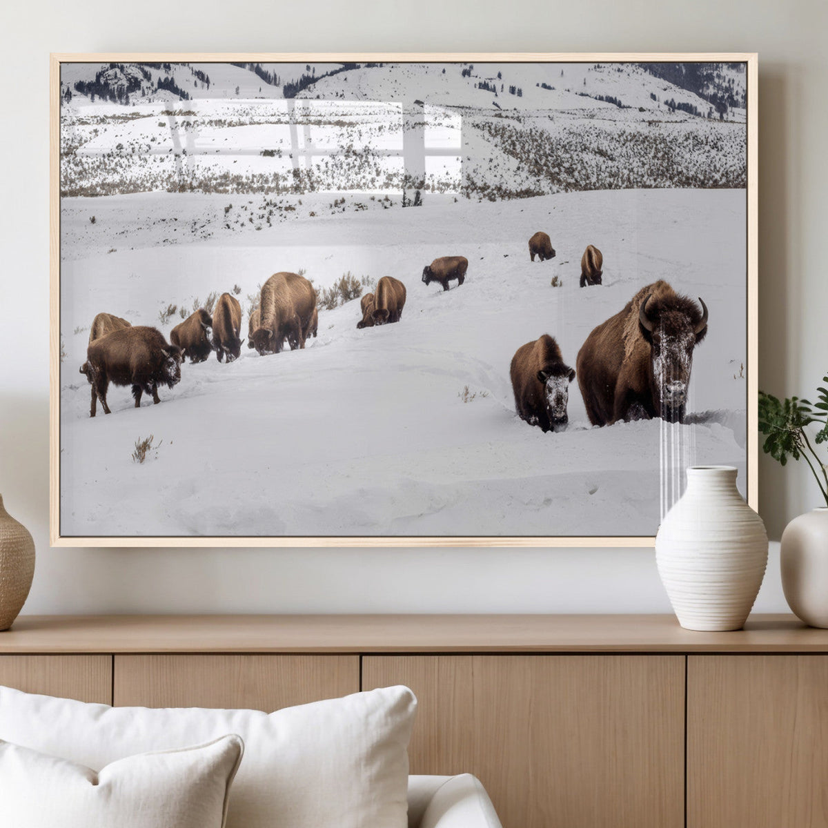 Bison Herd Wall Art Canvas Print, Framed Western Wildlife Decor, Snowy Mountain Valley