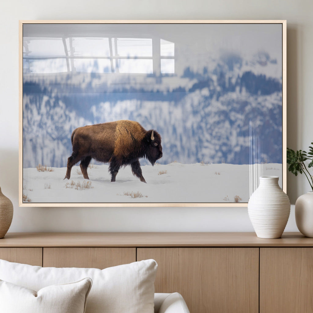 Bison Snow Wall Art Canvas Print, Framed Wildlife Scene, Western Ranch Style Decor