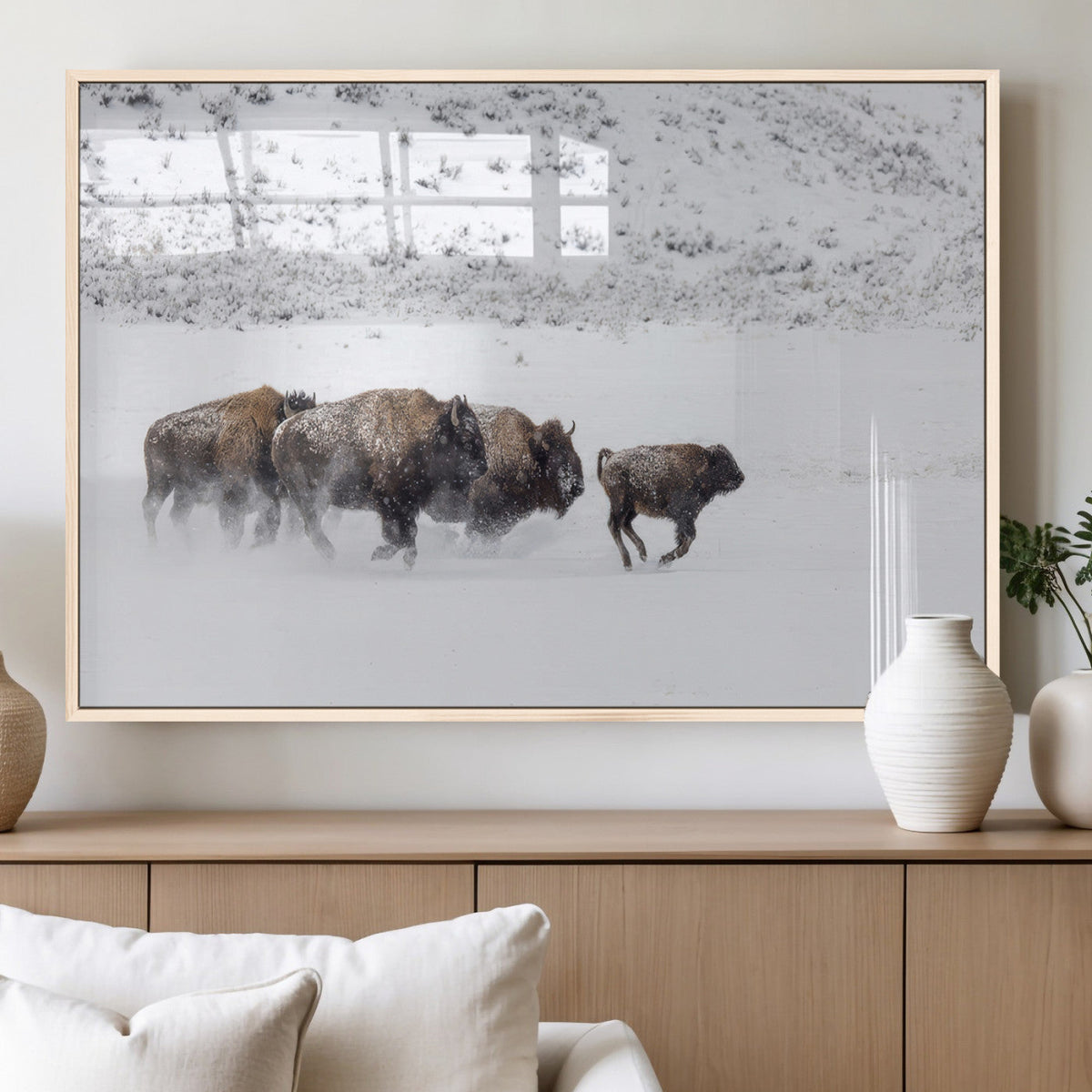 Bison Herd Wall Art Canvas Print, Framed Snowy Bison Scene, Winter Wildlife Decor