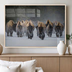 Bison Herd Wall Art Canvas Print, Framed Rustic Wildlife Decor, Snowy Bison Landscape