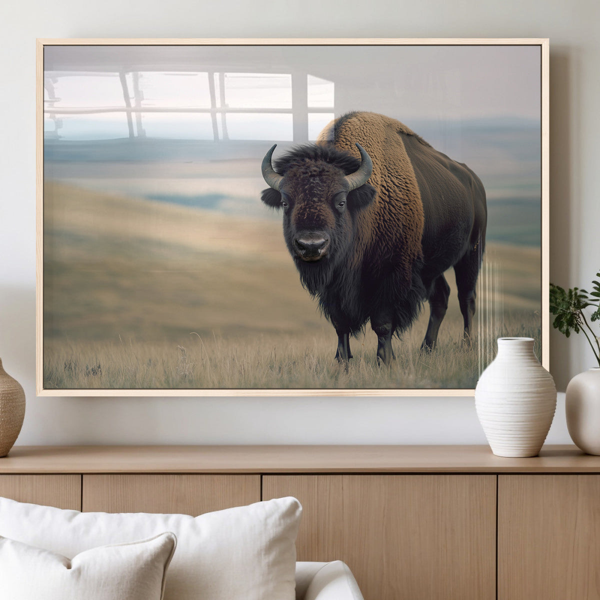 Bison Wall Art Canvas Print, Framed American Buffalo Rustic Western Artwork