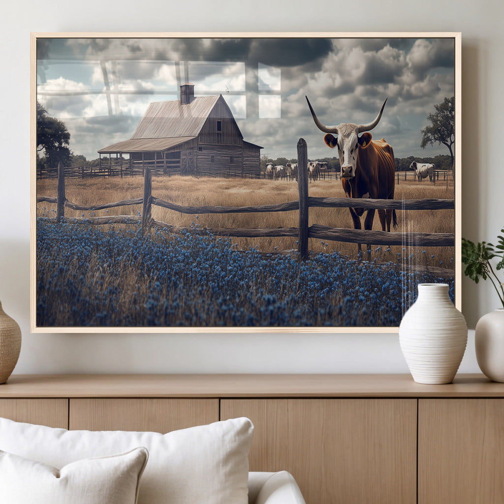 Texas Longhorn Wall Art Canvas Print, Framed Rustic Barn Art, Farmhouse Cow Decor