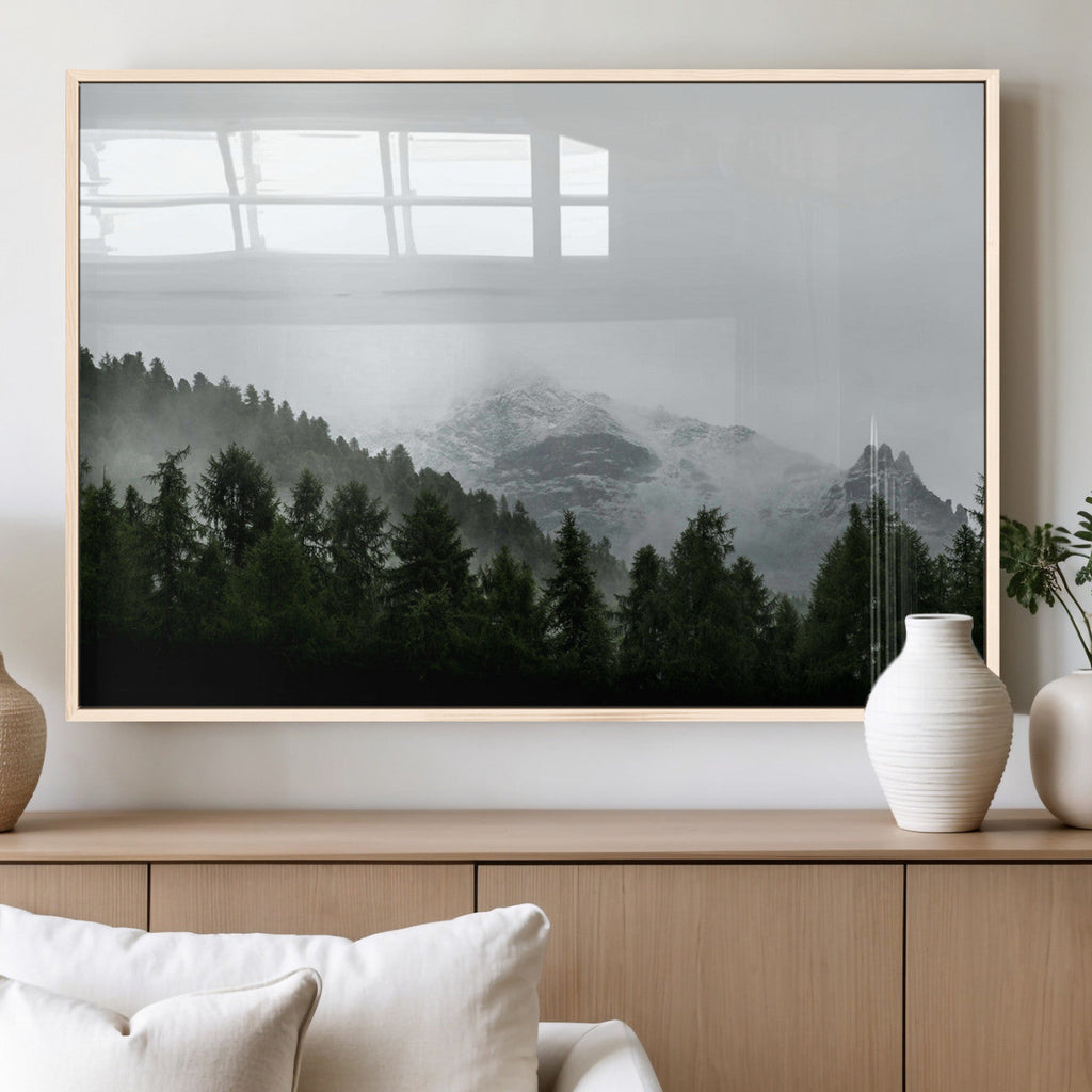 Misty Mountains Wall Art Canvas Print, Framed Foggy Forest Art, Snowy Peaks Landscape