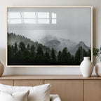 Misty Mountains Wall Art Canvas Print, Framed Foggy Forest Art, Snowy Peaks Landscape