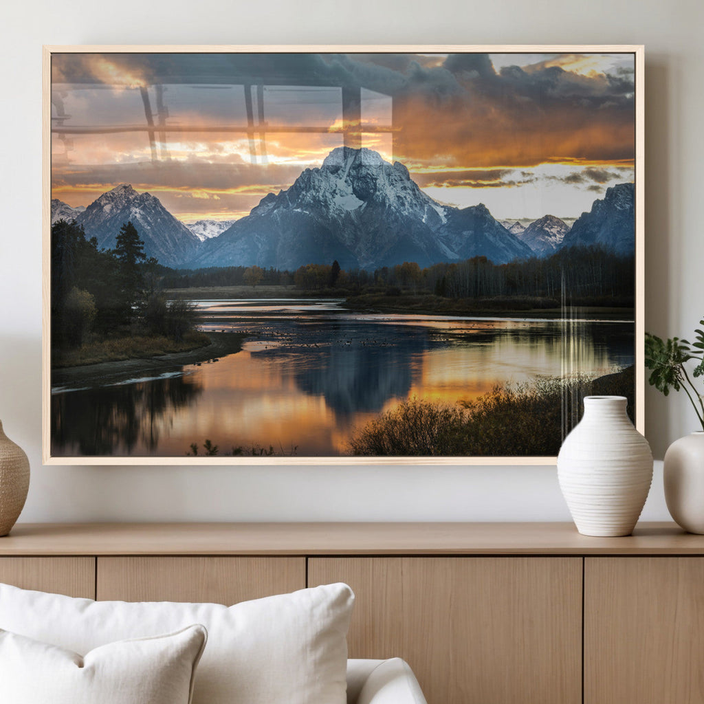 Mountain Sunset Wall Art Canvas Print, Framed Alpine Wilderness Art, Golden Hour Lake