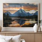 Mountain Sunset Wall Art Canvas Print, Framed Alpine Wilderness Art, Golden Hour Lake