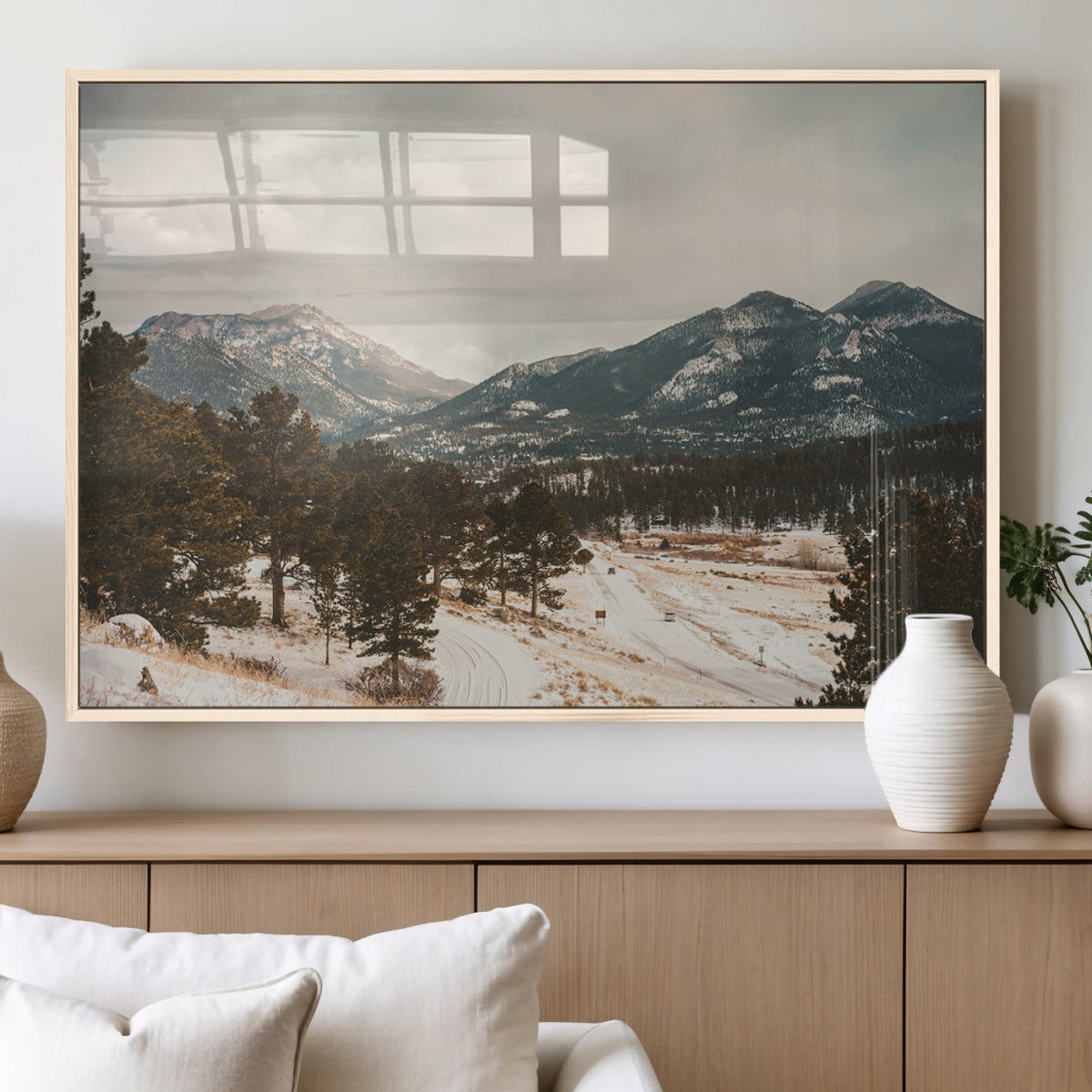 Mountain Landscape Wall Art Canvas Print, Framed Snowy Peaks Alpine Winter