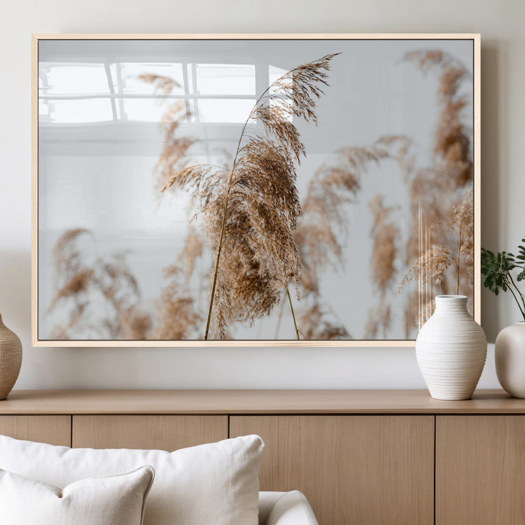 Pampas Grass Wall Art Canvas Print, Framed Neutral Tones Minimalist Boho