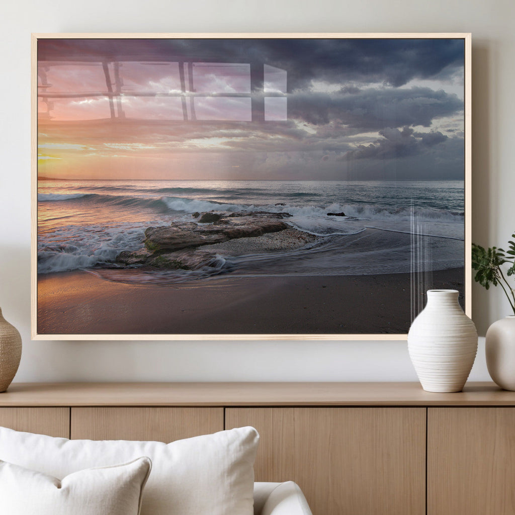 Golden Hour Wall Art Canvas Print, Framed Tranquil Waves Beach Sunset