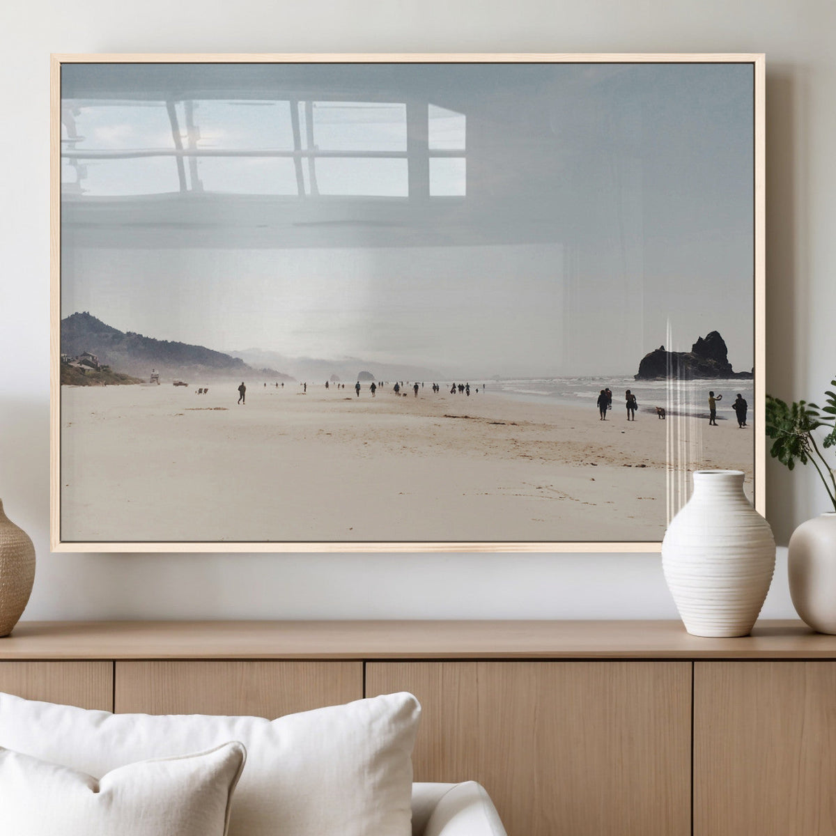 Minimalist Beach Wall Art Canvas Print, Framed Coastal Serenity Soft Sand