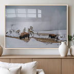 Bison Wildlife Wall Art Canvas Print, Framed Snowy Prairie Art, Western Landscape Decor