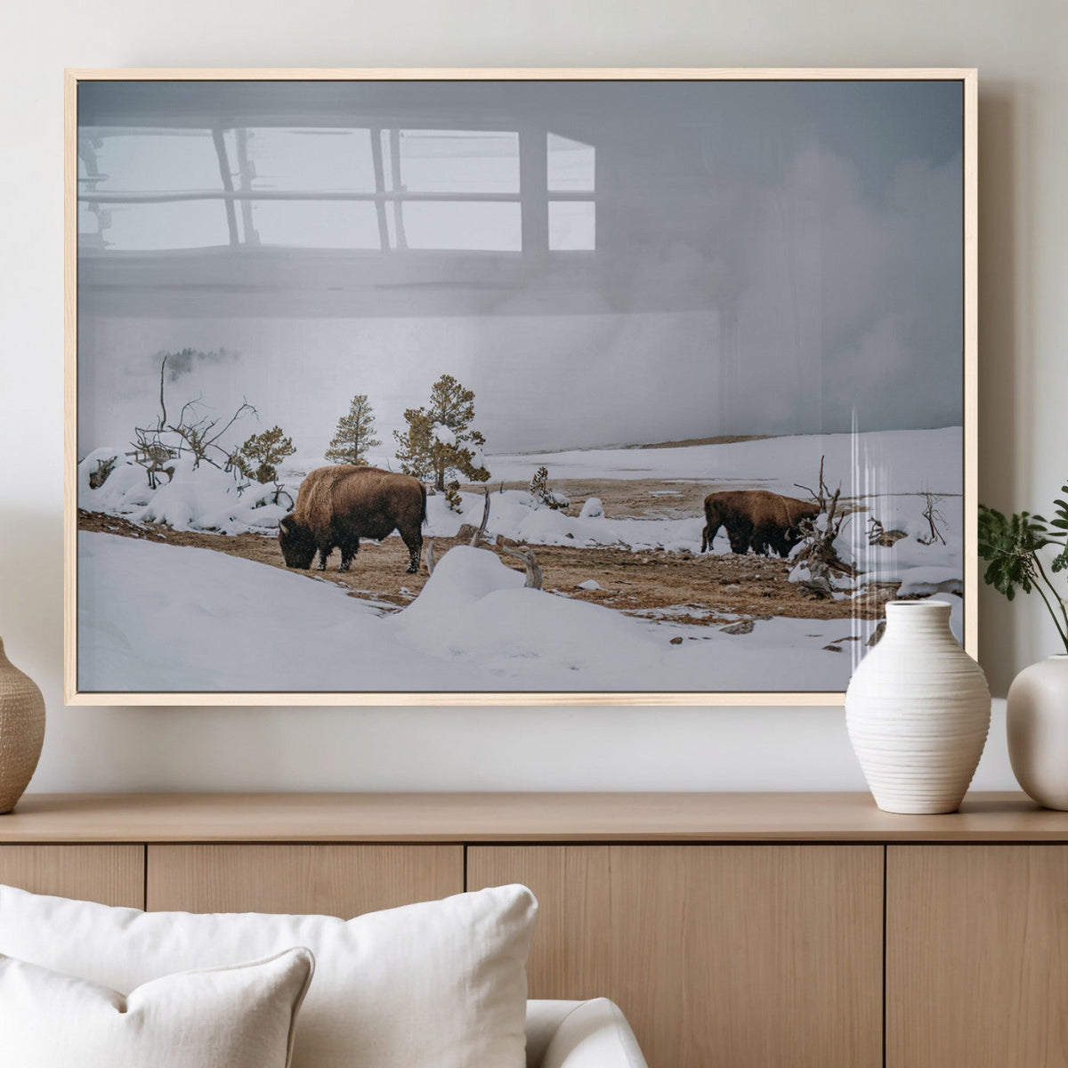 Bison Wildlife Wall Art Canvas Print, Framed Snowy Prairie Art, Western Landscape Decor