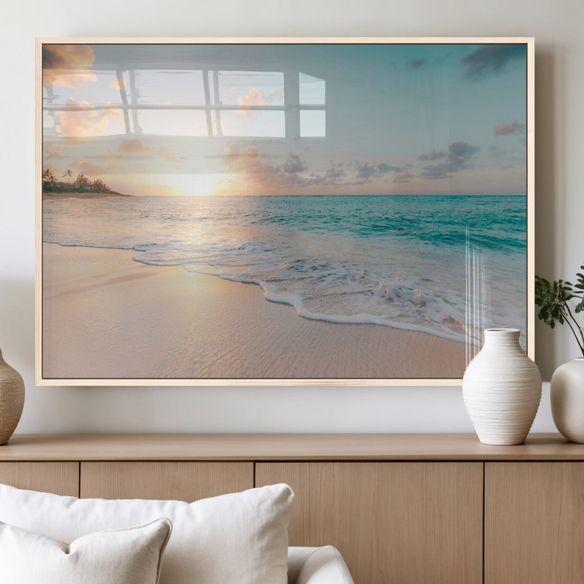Beach Sunset Wall Art Canvas Print, Framed Ocean Waves Summer Escape