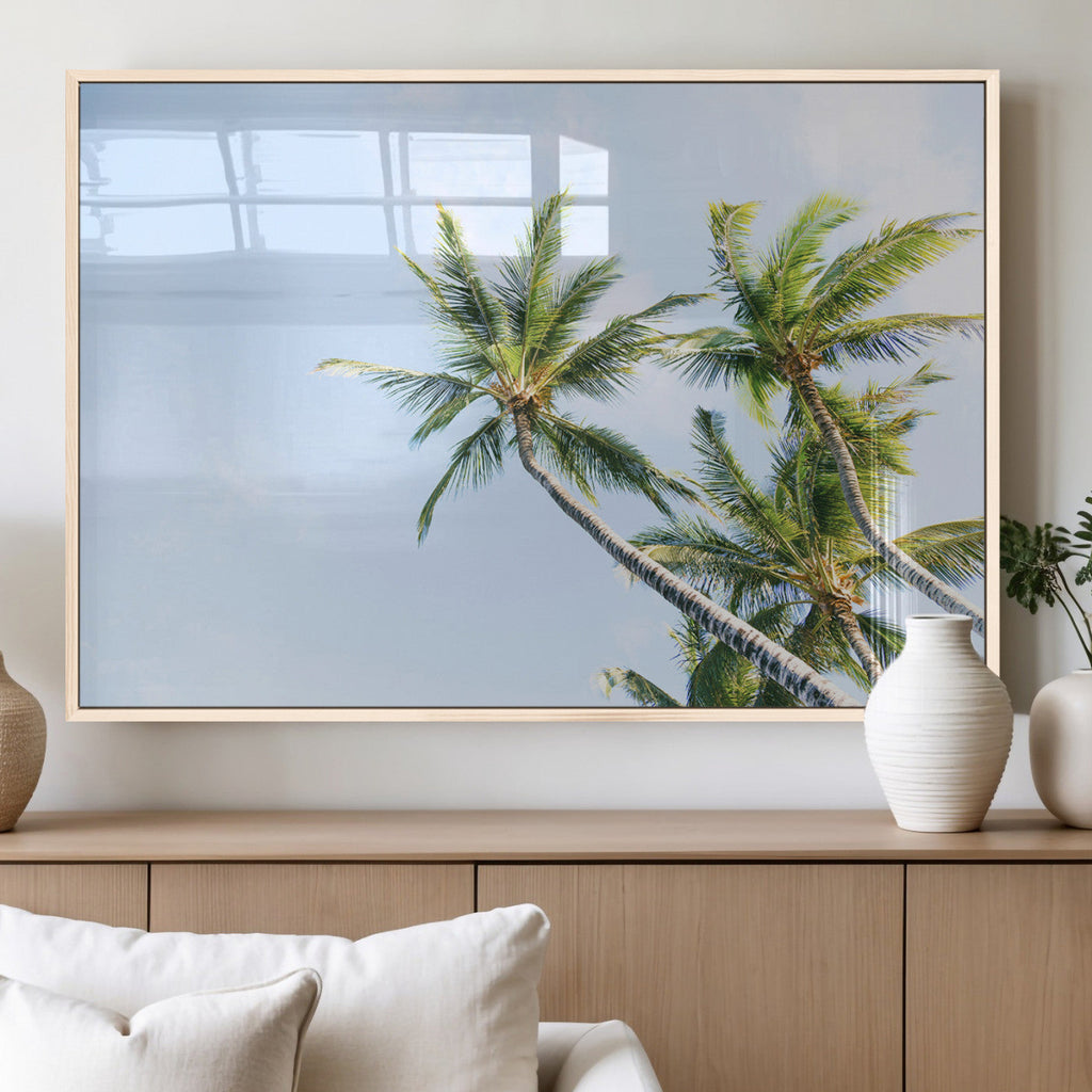 Palm Trees Wall Art Canvas Print, Framed Tropical Coastal Scene Under Blue Sky