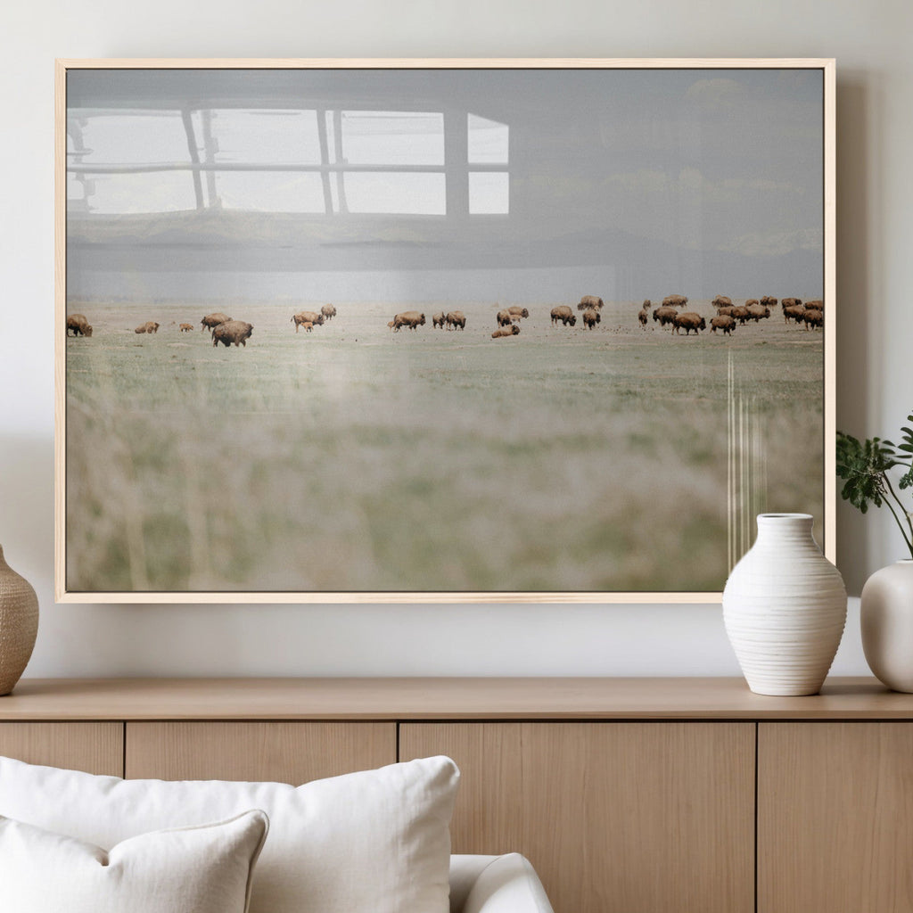 Bison Herd Wall Art Canvas Print, Framed Western Landscape with Bison in Grassland