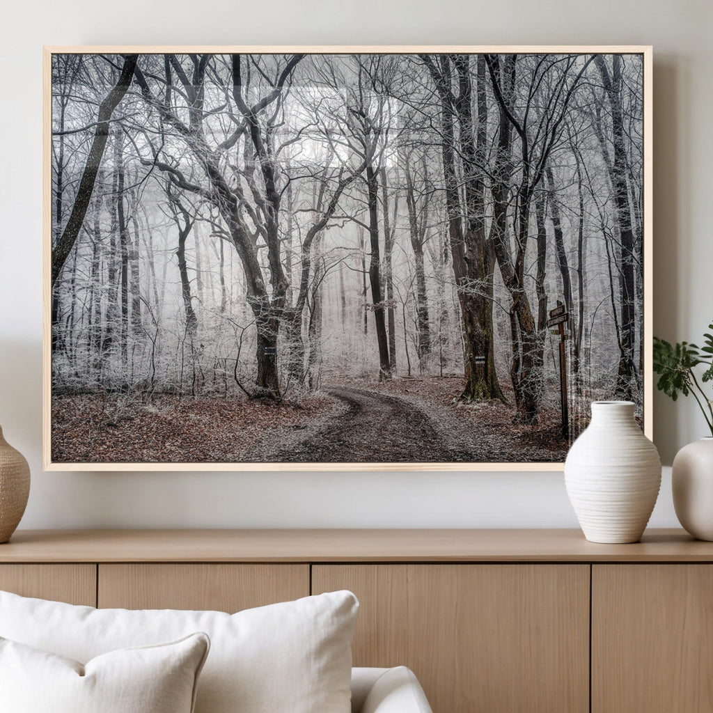 Winter Forest Wall Art Canvas Print, Framed Frosty Woodland with Misty Trees