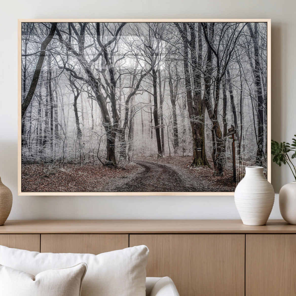 Winter Forest Wall Art Canvas Print, Framed Frosty Woodland with Misty Trees