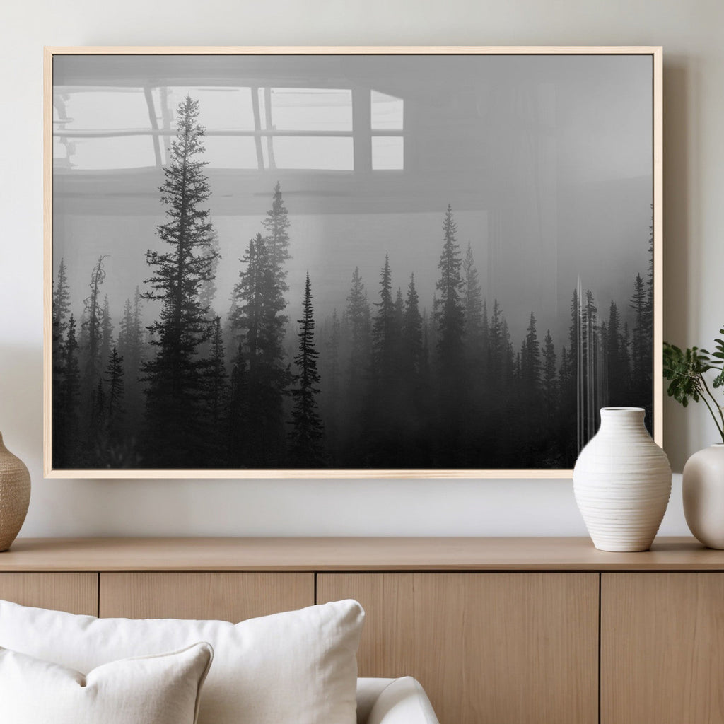 Misty Pines Wall Art Canvas Print, Framed Woodland Minimalist Black and White