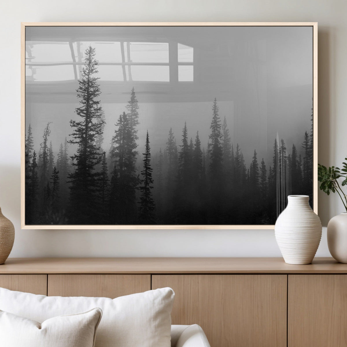 Misty Pines Wall Art Canvas Print, Framed Woodland Minimalist Black and White