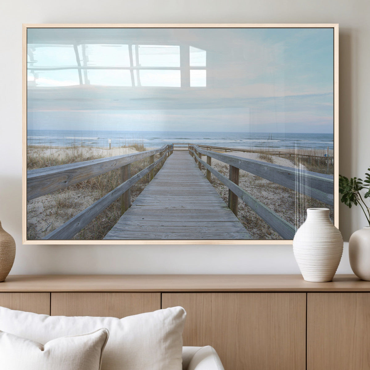 Beach Boardwalk Wall Art Canvas Print, Framed Coastal Serenity Ocean View