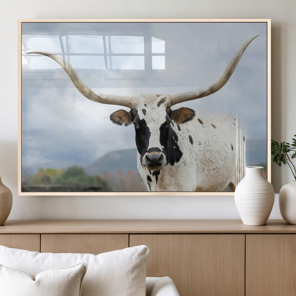 Texas Longhorn Wall Art Canvas Print, Framed Western Rustic Farmhouse