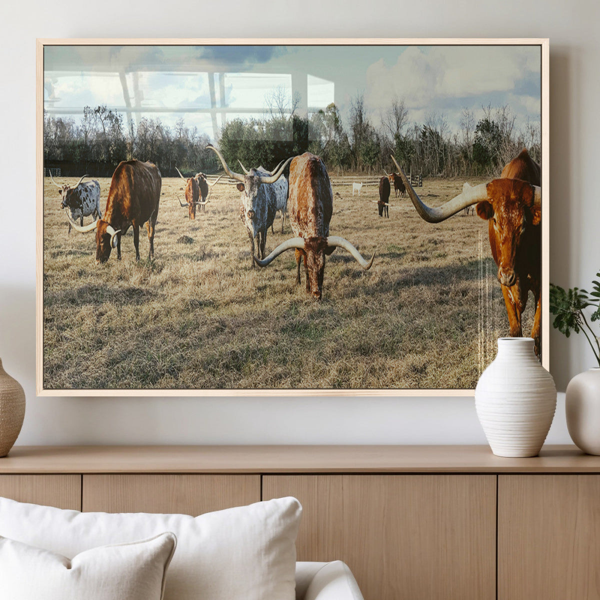 Texas Longhorns Wall Art Canvas Print, Framed Rustic Farm Scene Western Cattle