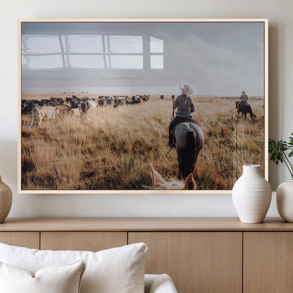 Western Wall Art Canvas Print, Framed Cowboy Cattle Drive Scene