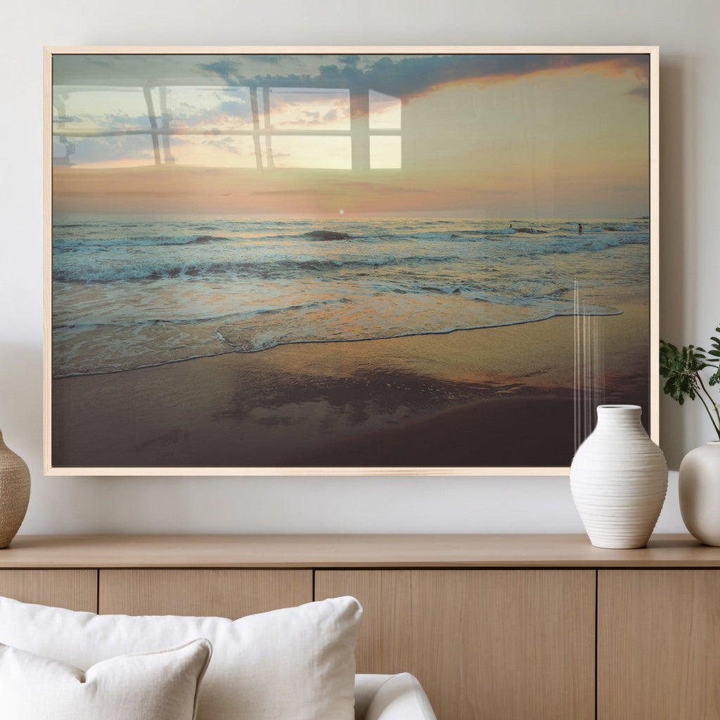 Sunset Seascape Wall Art Canvas Print, Framed Pastel Ocean View with Tranquil Shoreline