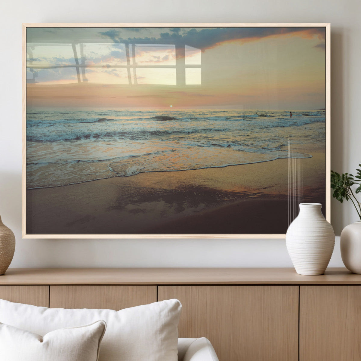 Sunset Seascape Wall Art Canvas Print, Framed Pastel Ocean View with Tranquil Shoreline