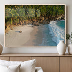 Tropical Beach Wall Art Canvas Print, Framed Ocean Waves and Palm Trees at Golden Sunset