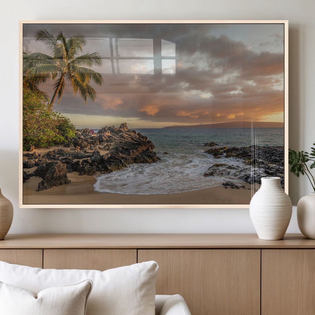 Tropical Beach Wall Art Canvas Print, Vibrant Hawaiian Sunset with Ocean Waves