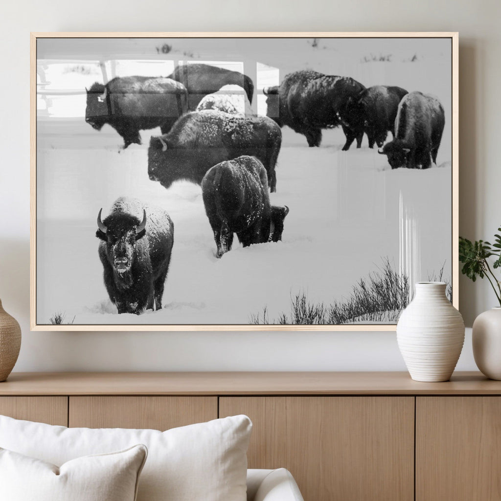 Buffalo Herd Wall Art Canvas Print, Framed Black and White Snowy Landscape